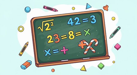 A colorful chalkboard with mathematical equations and symbols is surrounded by school supplies, suggesting a fun learning concept for education or design.
