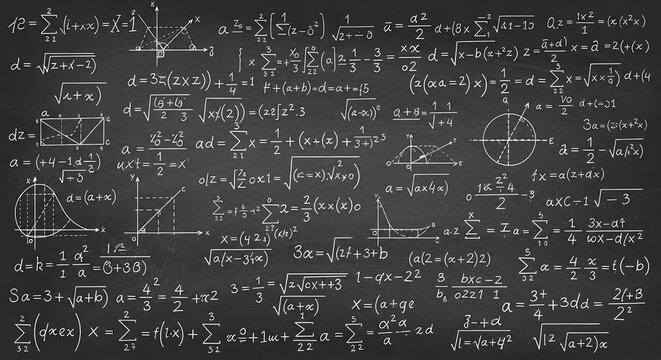 Complex mathematical formulas, equations, and geometric diagrams fill a dark blackboard, symbolizing education, science, and problem-solving.