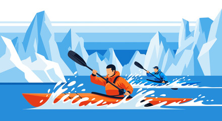 Illustrative kayaking adventure amidst majestic icebergs with vibrant splashes of water