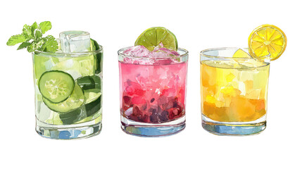 Minimalist Watercolor Painting of Three Refreshing Mocktails on Transparent Background