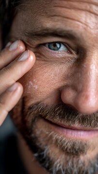 Closeup of Mans Eye Touching Skin Blue Eyes Beard.