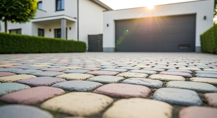 Photo of colorful cobblestone driveway leading to a modern suburban house with a garage on a sunny day