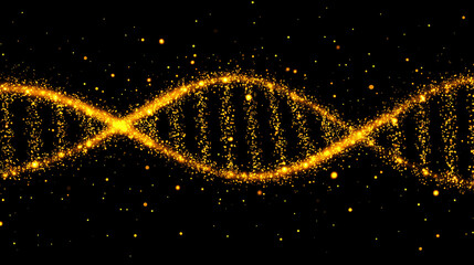 Golden DNA double helix made of glowing particles on a black background