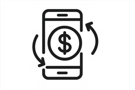 Mobile banking showing dollar coin with rotating arrows on transparent background