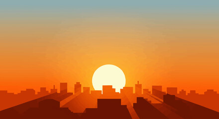 Silhouette Cityscape at Sunset with Golden Light Rays