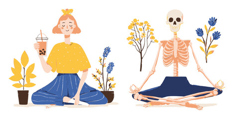Playful Vector Illustration of Woman and Skeleton with Flowers and Plants