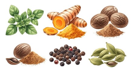 Artistic Spice Medley: Watercolor Oregano, Turmeric, Nutmeg, Pepper, Cardamom