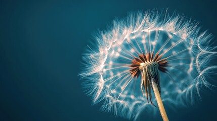 Fototapeta premium A close-up view of a dandelion seed head against a deep teal sky, its delicate seeds illuminated.