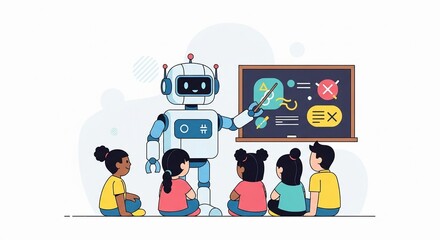 Friendly robot teacher instructs diverse children in a bright classroom, illustrating futuristic education and AI learning.