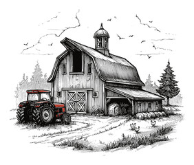 Fototapeta premium Hand-Drawn Engraving of a Rustic Barn with Tractor and Farmyard Scene