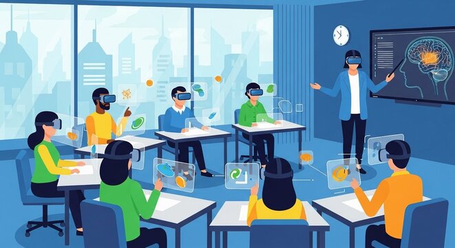 Students and teacher use virtual reality headsets and augmented reality interfaces for immersive, interactive learning in a modern, futuristic classroom setting.