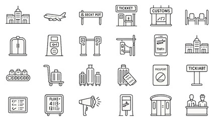 Airport and travel icons silhouette set