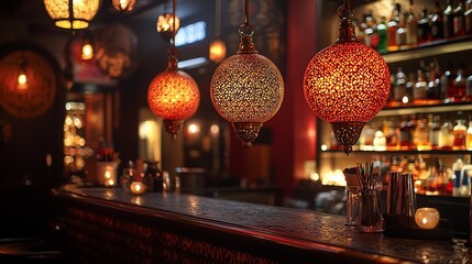 Fototapeta premium Warm, dimly lit bar with ornate lamps