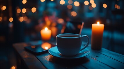 Warm cup of coffee/tea, candlelight, and cozy cafe ambiance