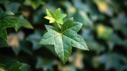 Close-up of a vibrant green ivy leaf, showcasing its detailed texture and five-lobed shape against a blurred background of more ivy.