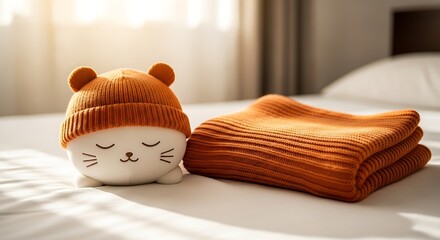 Photo of cute orange cat plush toy with a folded blanket on a bed with morning sunlight