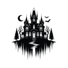 Haunted house vector silhouette line art logo design illustration