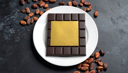 Dark chocolate bar on white plate with gold label and scattered cocoa beans on dark surface