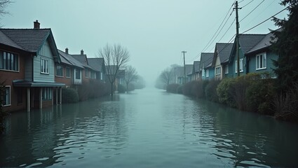 A city street is flooded, rain pours down