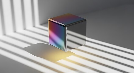 Photo of iridescent cube reflecting rainbow colors, casting a shadow with striped light patterns on a white background