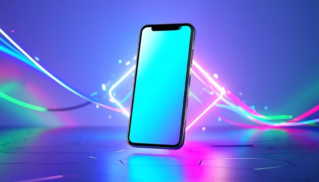 Floating smartphone mockup with blank teal screen and neon light trails against a blue and purple background