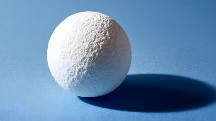 White sphere with textured surface against a blue background.