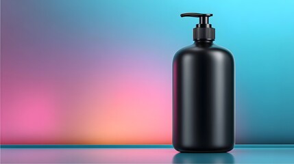 Black plastic bottle with pump dispenser against a vibrant gradient background.