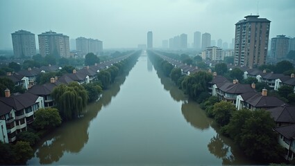 Obraz premium A city street is flooded, rain pours down