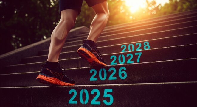 Determined athlete climbing stairs with 2025, 2026, 2027 and 2028 painted on them, representing progress toward new year goals and future success