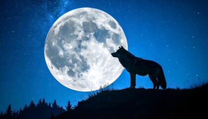 Naklejka premium Wild wolf standing on a hill, silhouetted against a giant glowing full moon in a starry night sky.
