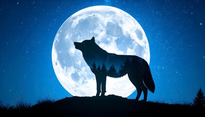 Mystical double exposure of a wolf silhouette howling at a detailed full moon on a starry night