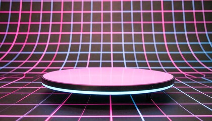 Neon pink podium with electric blue trim floating in a virtual grid room setting