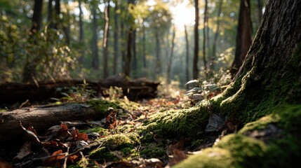 Serene forest landscape with moss-covered trees fallen leaves sunlight filte through dense canopy wilderness nature scene