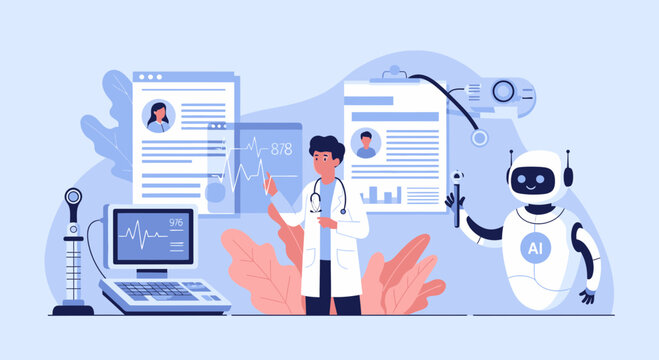 Innovative healthcare solutions doctor interacting with AI robot technology application