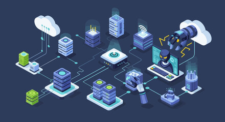 Isometric illustration depicting advanced network infrastructure and artificial intelligence interaction within a connected system