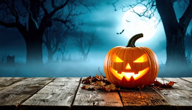 A glowing jack-o'-lantern sits on a wooden table, set against a spooky, moonlit background with silhouettes of trees and bats.
