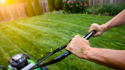 Spring Lawn Maintenance: A Hand-held Aerator Working on a Lush, Green Grass.
