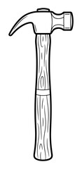 Detailed Black and White Cartoon Illustration of a Claw Hammer with Wood Grain Handle