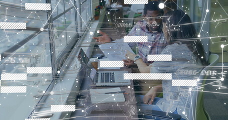 Working colleagues in business attire using phone and reviewing docs at office, overlay, copy space