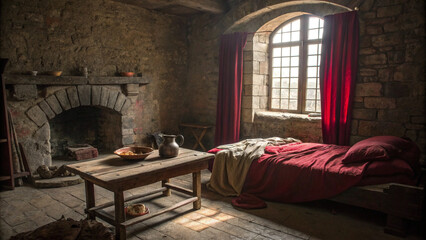 A medieval castle room with a stone fireplace, a wooden table, and a bed near a window, showcasing the historic architecture and vintage design of the interior