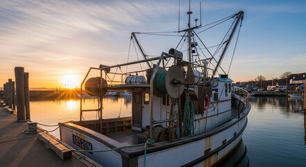 Fishing Vessel Docked at Sunset with Detailed Rigging and Equipment