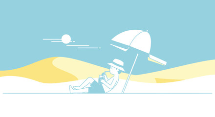 Obraz premium Minimalist beach scene featuring a relaxing figure enjoying a refreshing drink under an umbrella on a sunny day