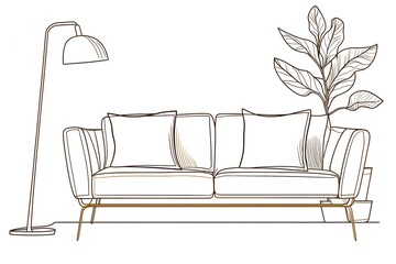 Modern Living Room Line Art Sketch