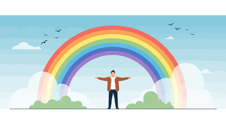 Joyful expression of freedom with rainbow and clouds in a vibrant sky landscape