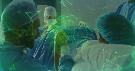 Operating team of four performing surgery on patient at hospital OR, with AR world map overlay