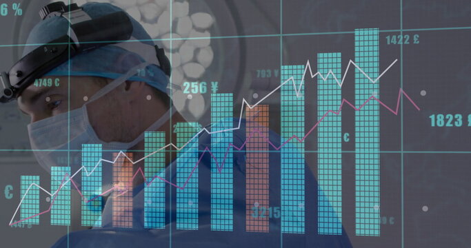 Examining surgeon analyzing overlaid financial data in research lab, with tray of pills, copy space