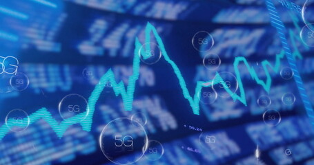 Fluctuating neon-blue line graph overlaying blurred code background at dashboard, with 5G spheres