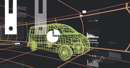 Displaying wireframe 3D van model floating in perspective grid, with pie chart and data panels