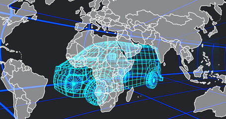 Hovering cyan-blue wireframe SUV model above virtual grid plane, with world map outlines