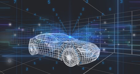Fototapeta premium Displaying wireframe model coupe car sitting in 3D grid, with floating digits and glowing points